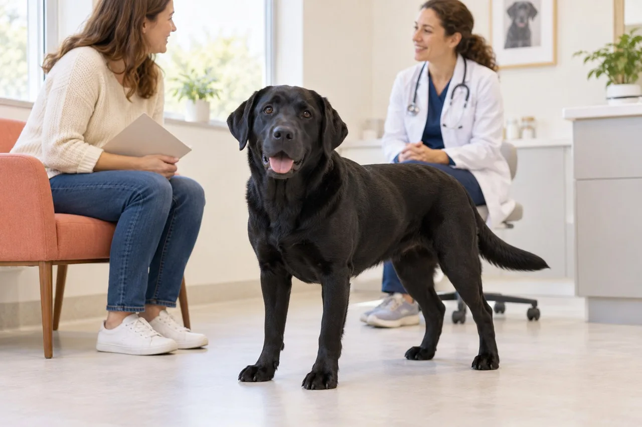 Owner and veterinary professional with a black dog in a clinic